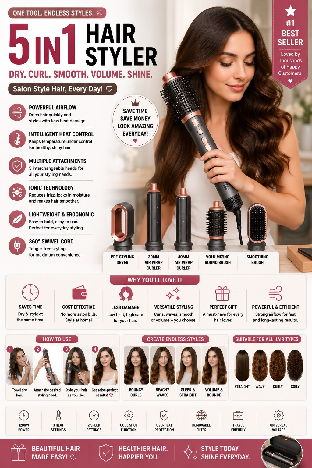 5-in-1 Hair Styler Hot Air Brush – Hair Dryer, Curler, Straightener & Volumizer