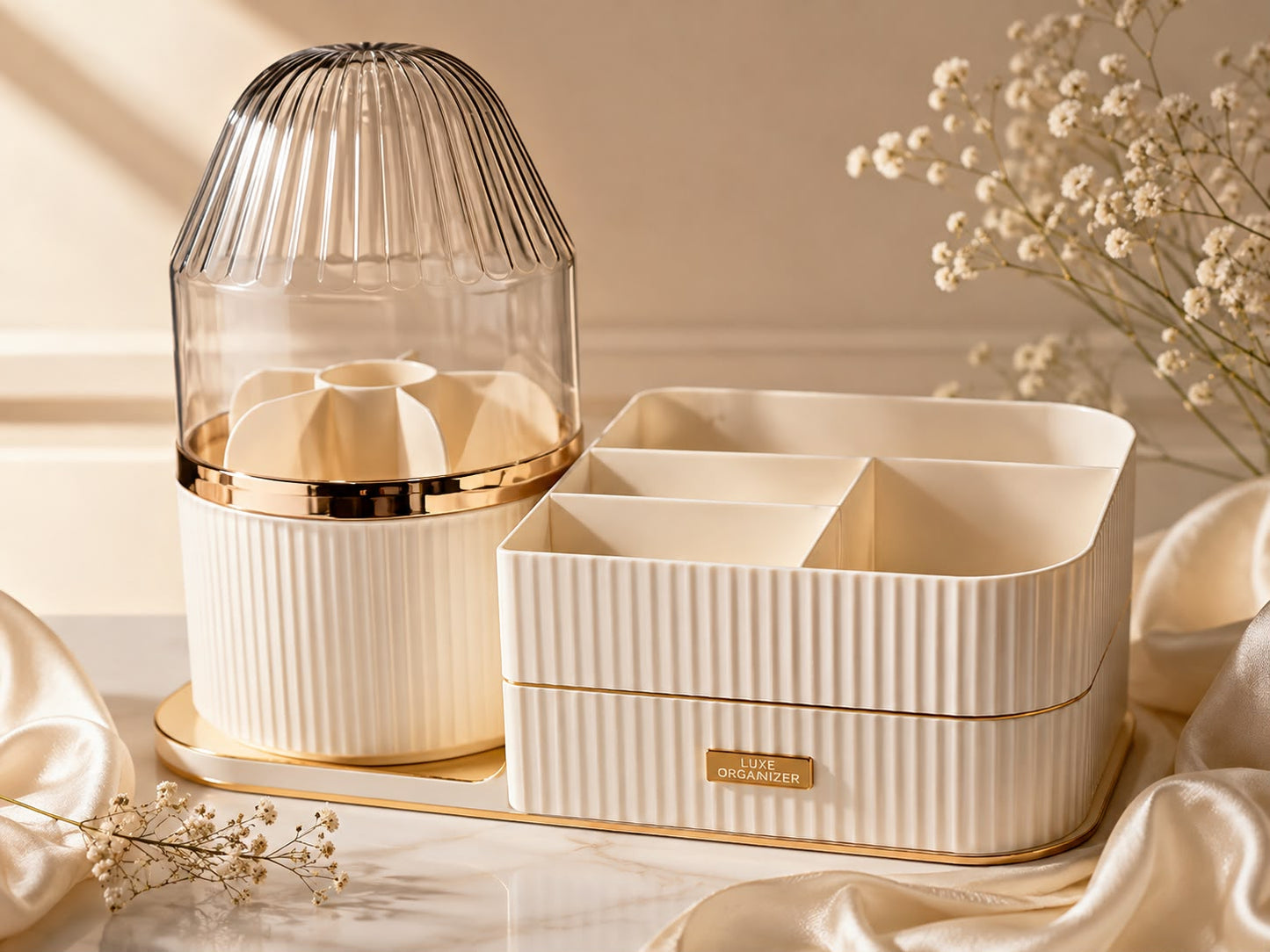 Luxury Makeup Organizer with Dustproof Cover | Premium Cosmetic & Skincare Storage Box
